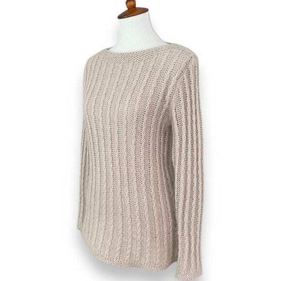 🍀Berretti Beige Metallic Gold Weave Boat Neck Cable-Knit Pullover Sweater Size M - Picture 3 of 8